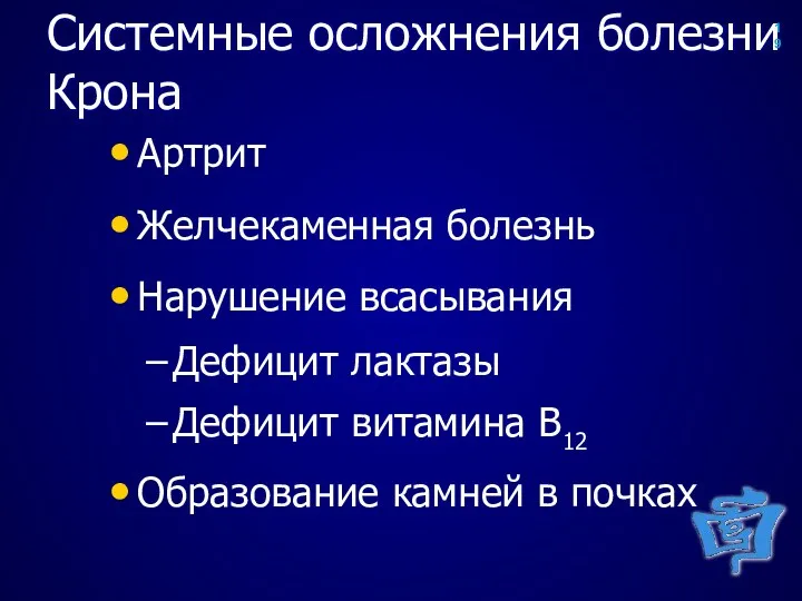 Системные осложнения болезни Крона Артрит Желчекаменная болезнь Нарушение всасывания Дефицит