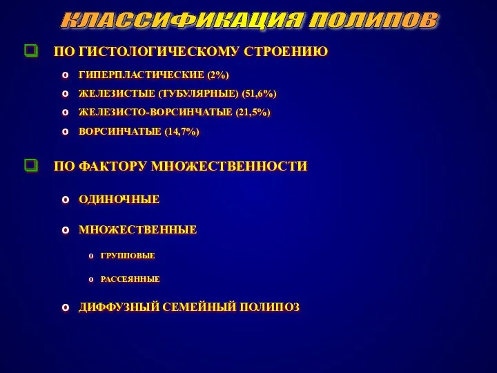 ПО ГИСТОЛОГИЧЕСКОМУ СТРОЕНИЮ ГИПЕРПЛАСТИЧЕСКИЕ (2%) ЖЕЛЕЗИСТЫЕ (ТУБУЛЯРНЫЕ) (51,6%) ЖЕЛЕЗИСТО-ВОРСИНЧАТЫЕ (21,5%)