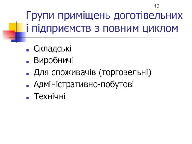 Групи приміщень доготівельних і підприємств з повним циклом Складські Виробничі Для споживачів (торговельні) Адміністративно-побутові Технічні