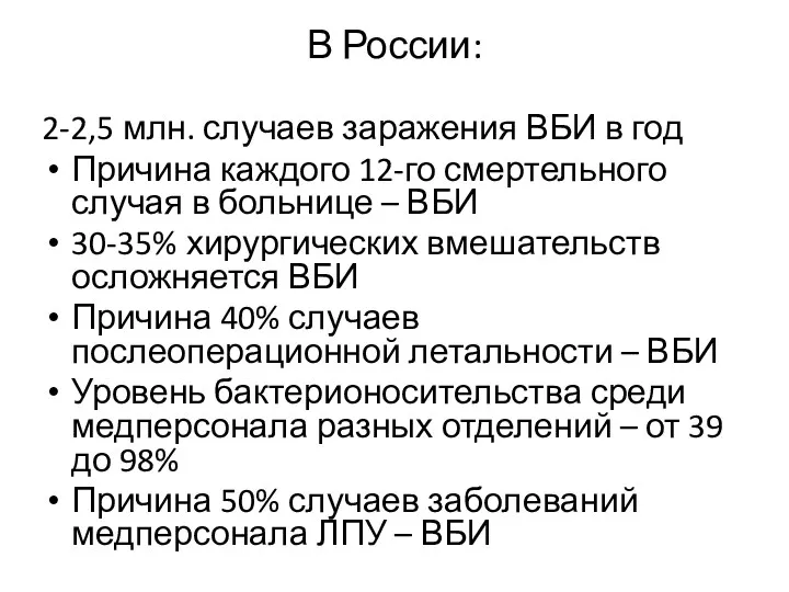 В России: 2-2,5 млн. случаев заражения ВБИ в год Причина каждого 12-го смертельного
