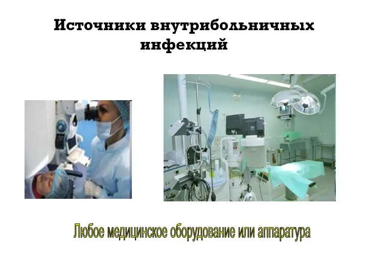 Источники внутрибольничных инфекций Любое медицинское оборудование или аппаратура