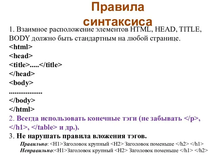 1. Взаимное расположение элементов HTML, HEAD, TITLE, BODY должно быть