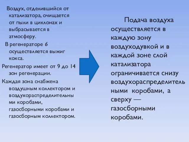 Воздух, отделившийся от катализатора, очищается от пыли в циклонах и