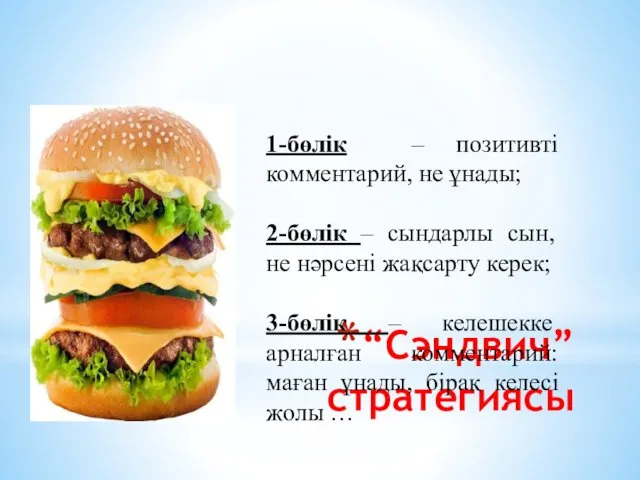 “Сэндвич” стратегиясы 1-бөлік – позитивті комментарий, не ұнады; 2-бөлік –