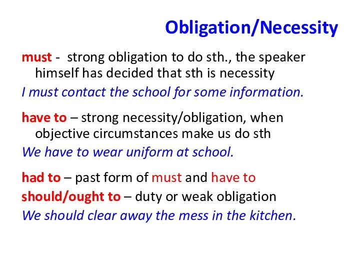 Obligation/Necessity must - strong obligation to do sth., the speaker