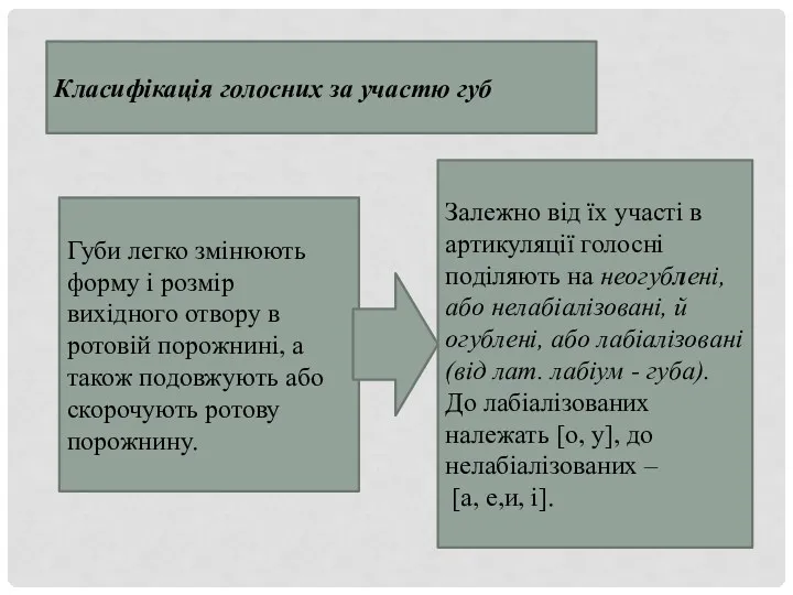 Класифікація голосних за участю губ Губи легко змінюють форму і