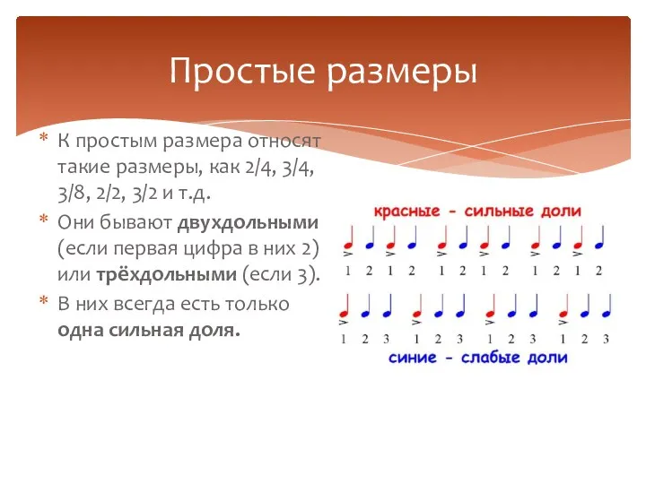 К простым размера относят такие размеры, как 2/4, 3/4, 3/8,