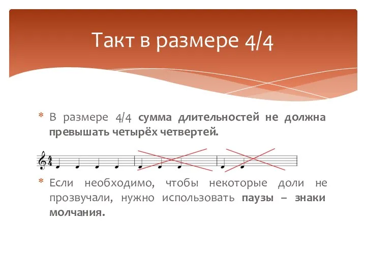 В размере 4/4 сумма длительностей не должна превышать четырёх четвертей.