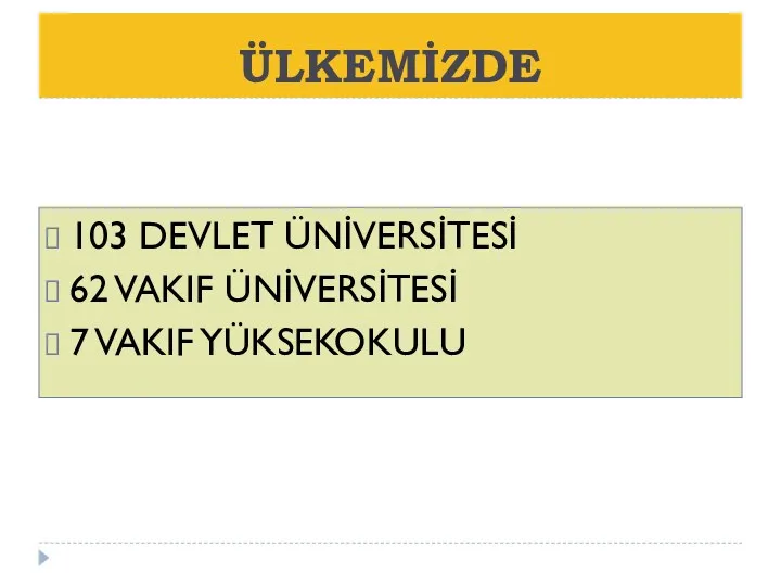 ÜLKEMİZDE 103 DEVLET ÜNİVERSİTESİ 62 VAKIF ÜNİVERSİTESİ 7 VAKIF YÜKSEKOKULU