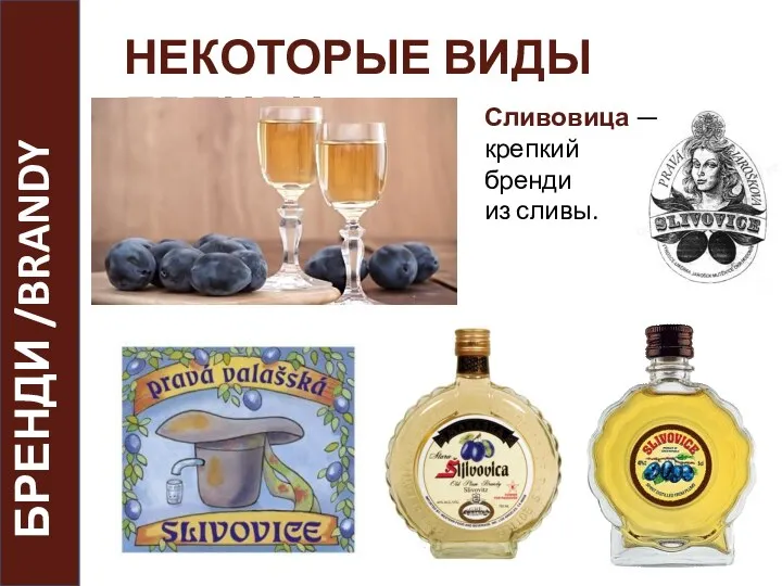 НЕКОТОРЫЕ ВИДЫ БРЕНДИ БРЕНДИ /BRANDY Сливовица — крепкий бренди из сливы.