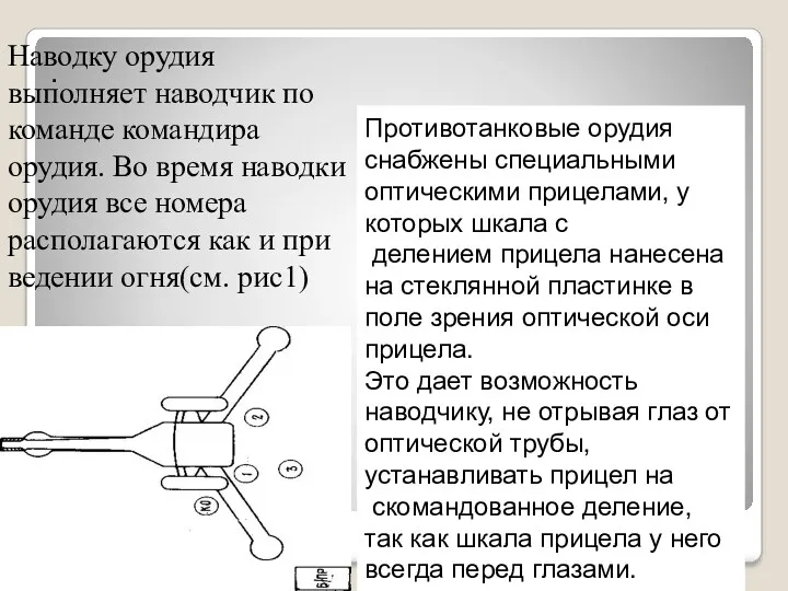 разработчик майор Бугаев А.П. . Наводку орудия выполняет наводчик по