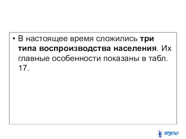 В настоящее время сложились три типа воспроизводства населения. Их главные особенности показаны в табл. 17.