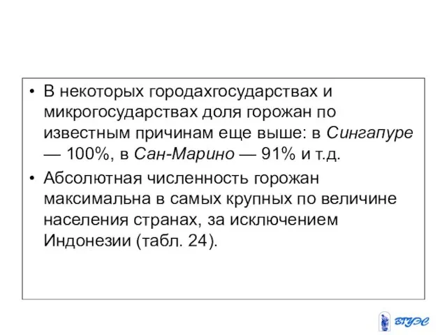 В некоторых городахгосударствах и микрогосударствах доля горожан по известным причинам