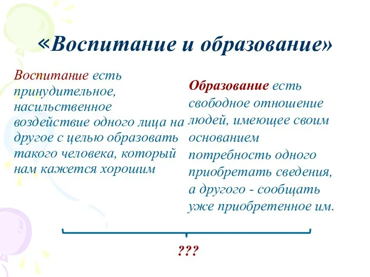 «Воспитание и образование» Воспитание есть принудительное, насильственное воздействие одного лица