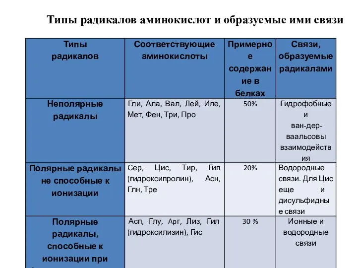 Типы радикалов аминокислот и образуемые ими связи