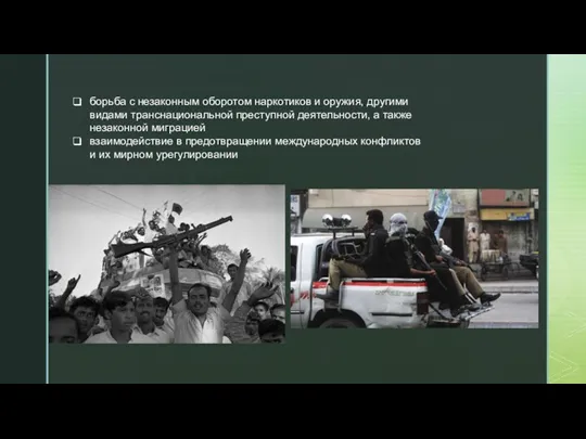 борьба с незаконным оборотом наркотиков и оружия, другими видами транснациональной