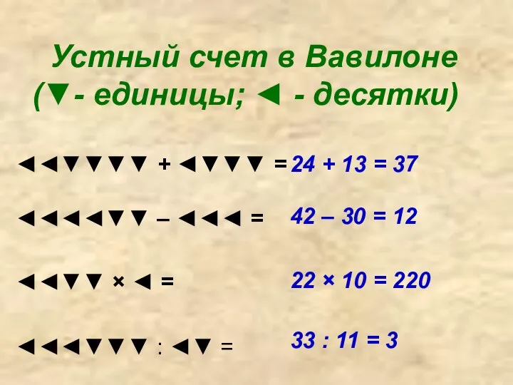 Устный счет в Вавилоне (▼- единицы; ◄ - десятки) ◄◄▼▼▼▼ + ◄▼▼▼ =