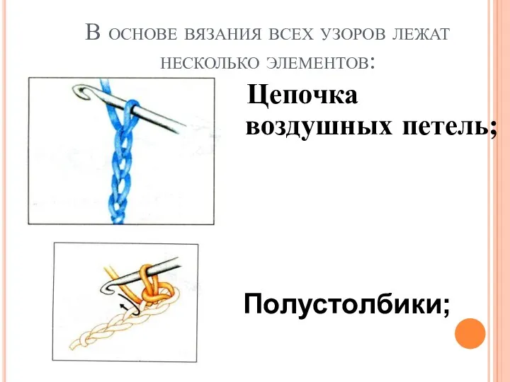 В основе вязания всех узоров лежат несколько элементов: Цепочка воздушных петель; Полустолбики;