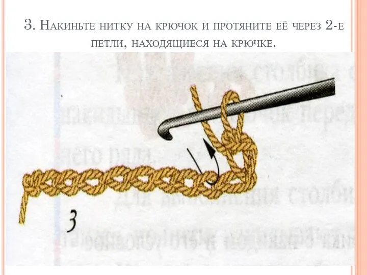 3. Накиньте нитку на крючок и протяните её через 2-е петли, находящиеся на крючке.