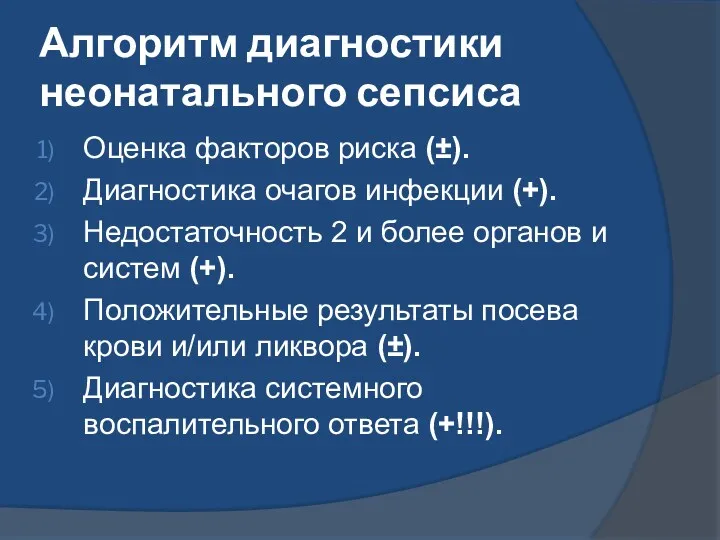 Алгоритм диагностики неонатального сепсиса Оценка факторов риска (±). Диагностика очагов