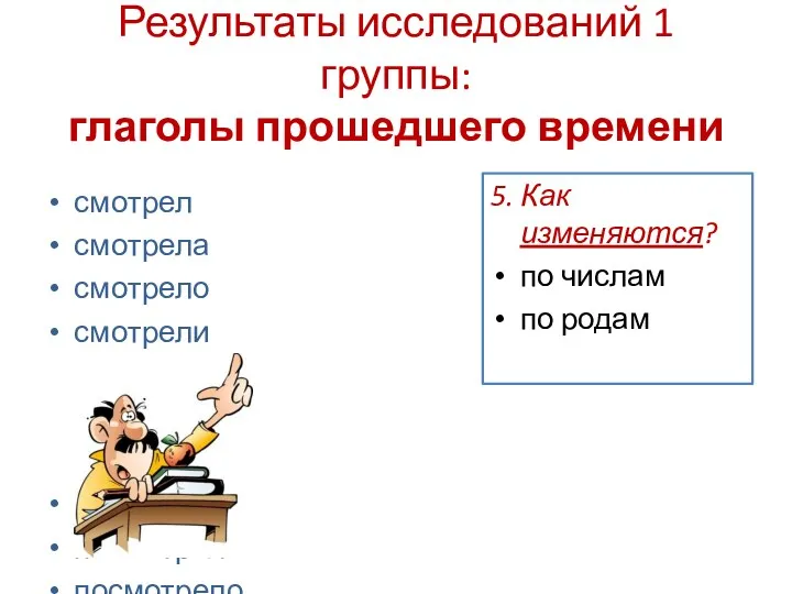 Результаты исследований 1 группы: глаголы прошедшего времени смотрел смотрела смотрело