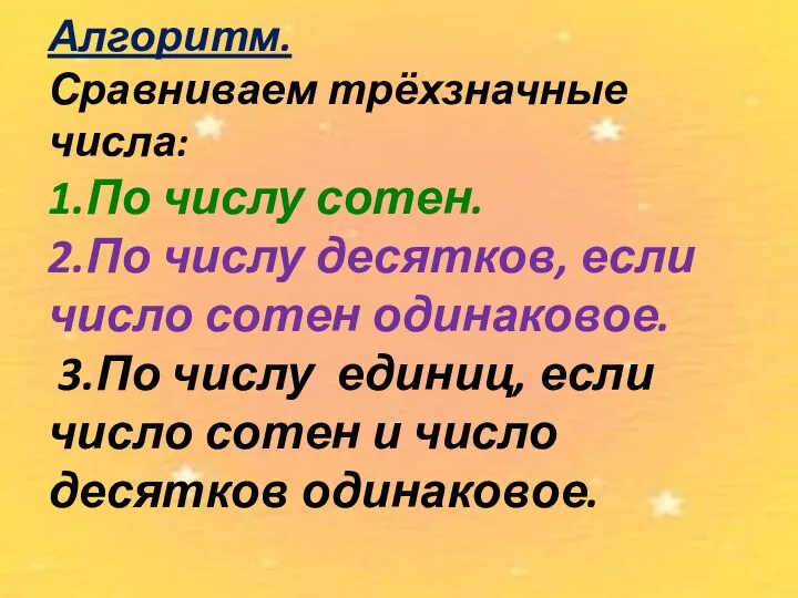 Алгоритм. Сравниваем трёхзначные числа: 1.По числу сотен. 2.По числу десятков,