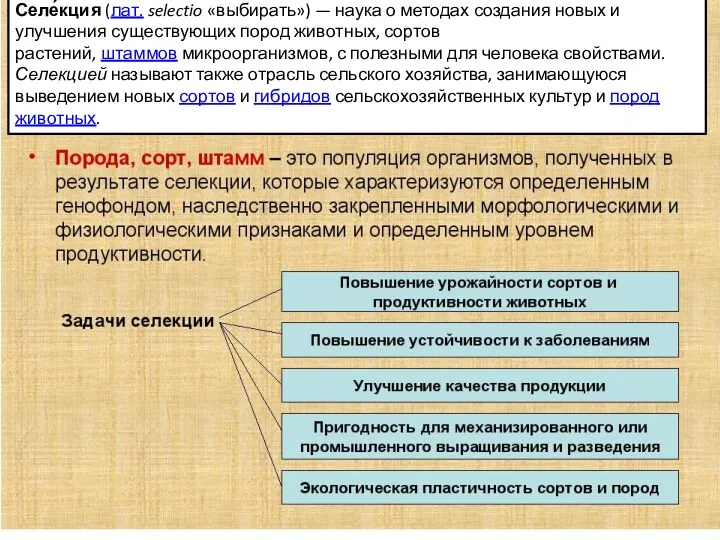 Селе́кция (лат. selectio «выбирать») — наука о методах создания новых