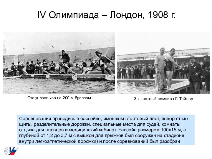 IV Олимпиада – Лондон, 1908 г. Соревнования проводись в бассейне,