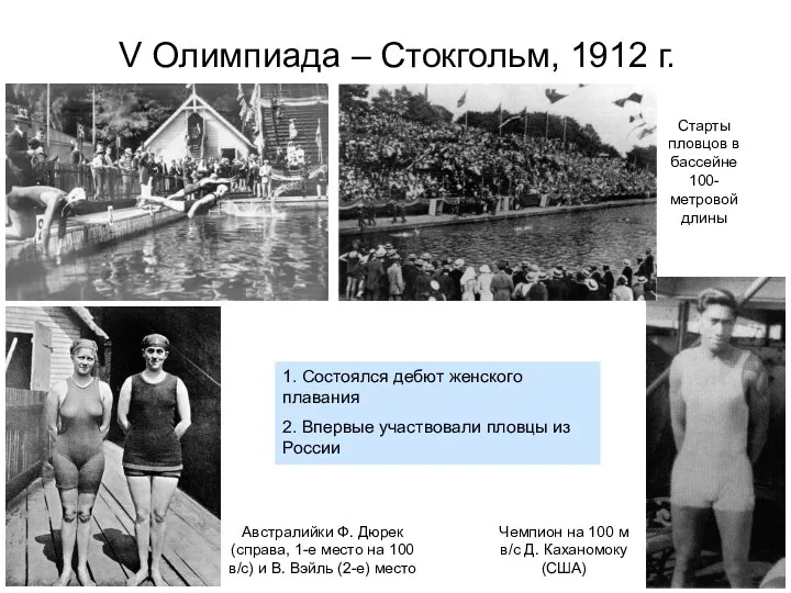 V Олимпиада – Стокгольм, 1912 г. Старты пловцов в бассейне