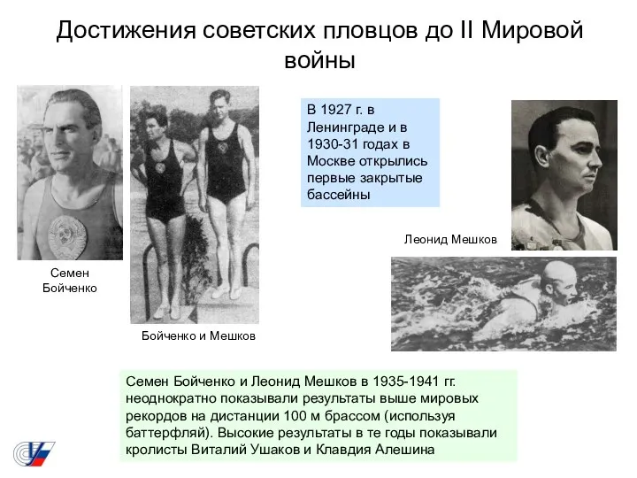 Достижения советских пловцов до II Мировой войны Бойченко и Мешков