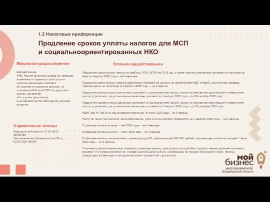 Налоговые преференции 1.2 Механизм предоставления Продление сроков уплаты налогов для МСП и социальноориентированных