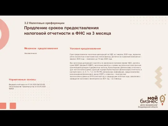 Налоговые преференции 3.2 Механизм предоставления Продление сроков предоставления налоговой отчетности в ФНС на