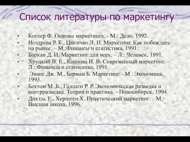 Список литературы по маркетингу Котлер Ф. Основы маркетинга. - М.: