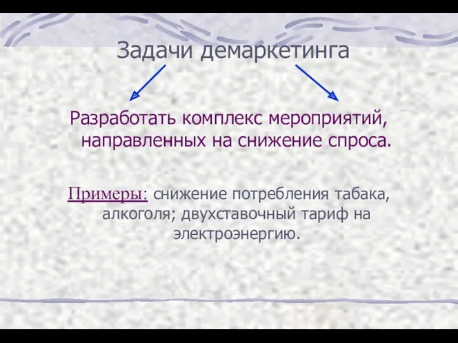 Задачи демаркетинга Разработать комплекс мероприятий, направленных на снижение спроса. Примеры: