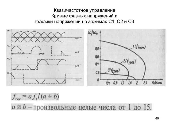 Квазичастотное управление Кривые фазных напряжений и графики напряжений на зажимах С1, С2 и С3