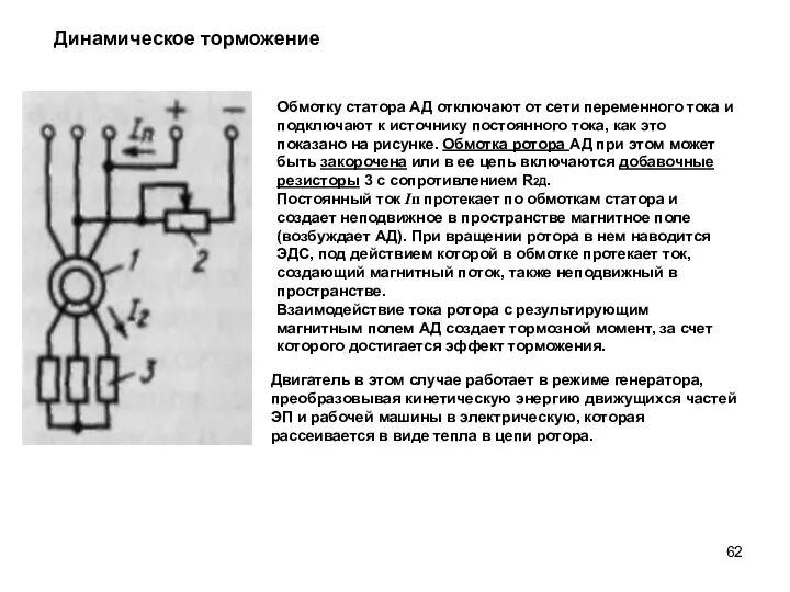 Динамическое торможение Обмотку статора АД отключают от сети переменного тока