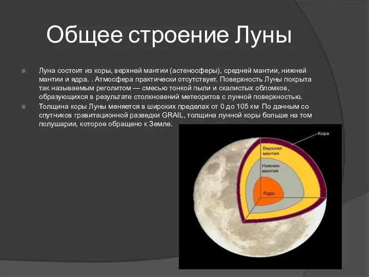 Общее строение Луны Луна состоит из коры, верхней мантии (астеносферы),