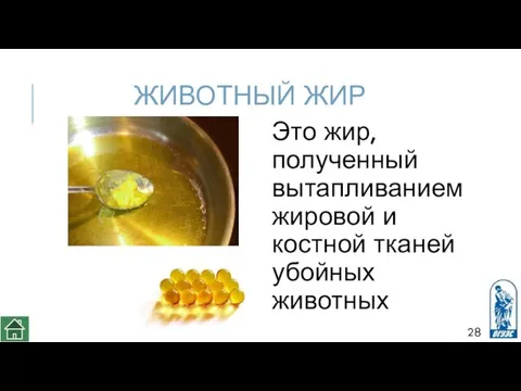 ЖИВОТНЫЙ ЖИР Это жир, полученный вытапливанием жировой и костной тканей убойных животных