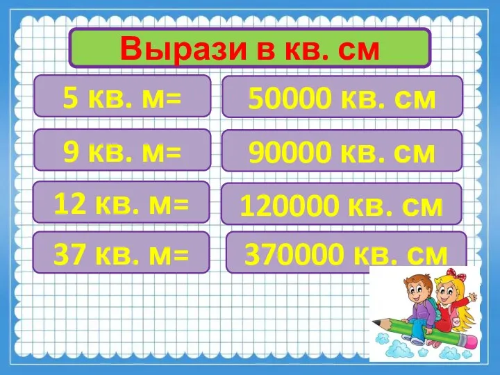 Вырази в кв. см 5 кв. м= 9 кв. м=