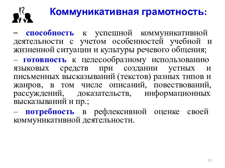 Коммуникативная грамотность: – способность к успешной коммуникативной деятельности с учетом