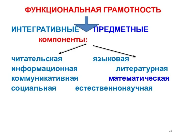 ФУНКЦИОНАЛЬНАЯ ГРАМОТНОСТЬ ИНТЕГРАТИВНЫЕ ПРЕДМЕТНЫЕ компоненты: читательская языковая информационная литературная коммуникативная математическая социальная естественнонаучная