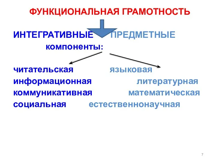 ФУНКЦИОНАЛЬНАЯ ГРАМОТНОСТЬ ИНТЕГРАТИВНЫЕ ПРЕДМЕТНЫЕ компоненты: читательская языковая информационная литературная коммуникативная математическая социальная естественнонаучная