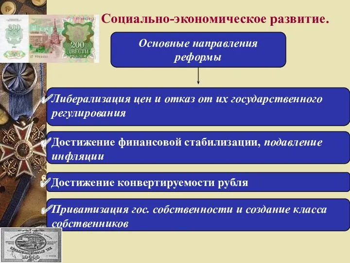 Социально-экономическое развитие. Основные направления реформы Либерализация цен и отказ от