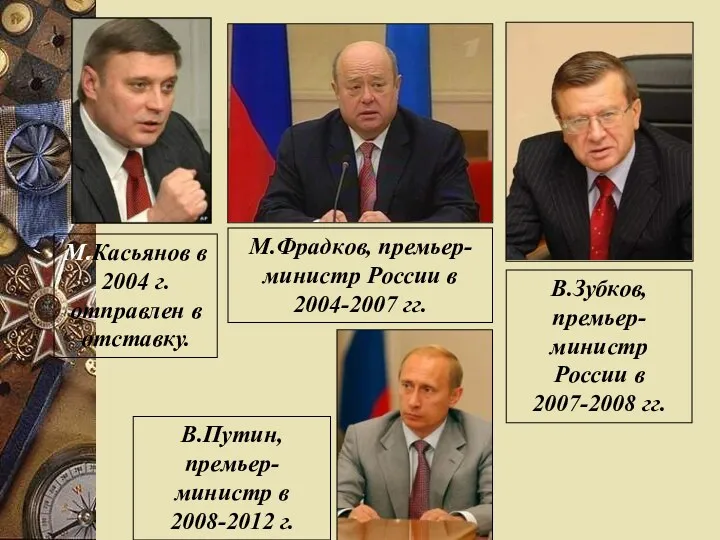 М.Касьянов в 2004 г. отправлен в отставку. М.Фрадков, премьер-министр России