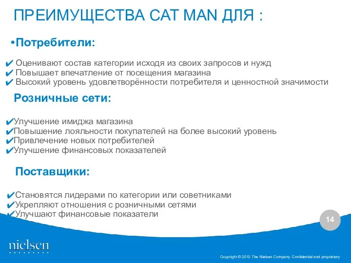 ПРЕИМУЩЕСТВА CAT MAN ДЛЯ : Потребители: Оценивают состав категории исходя из своих запросов