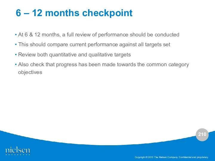 At 6 & 12 months, a full review of performance should be conducted
