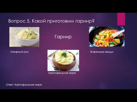 Вопрос 5. Какой приготовим гарнир? Гарнир Отварной рис Картофельное пюре Жаренные овощи Ответ: Картофельное пюре