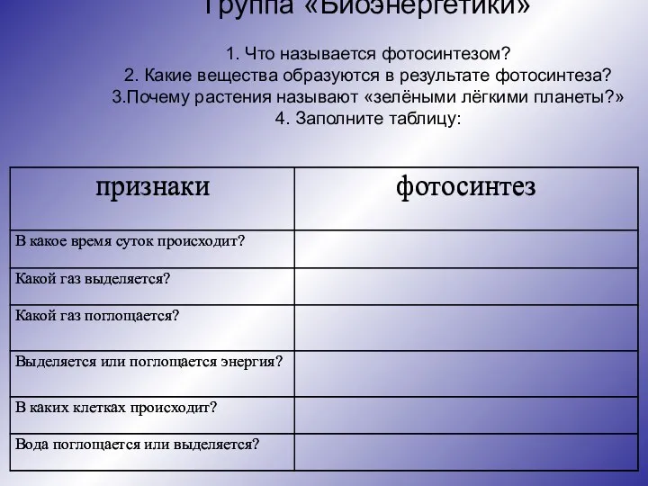 Группа «Биоэнергетики» 1. Что называется фотосинтезом? 2. Какие вещества образуются