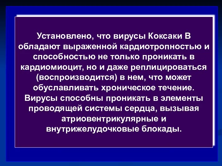 Установлено, что вирусы Коксаки В обладают выраженной кардиотропностью и способностью