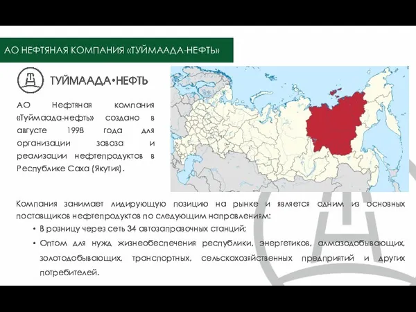 АО Нефтяная компания «Туймаада-нефть» создано в августе 1998 года для